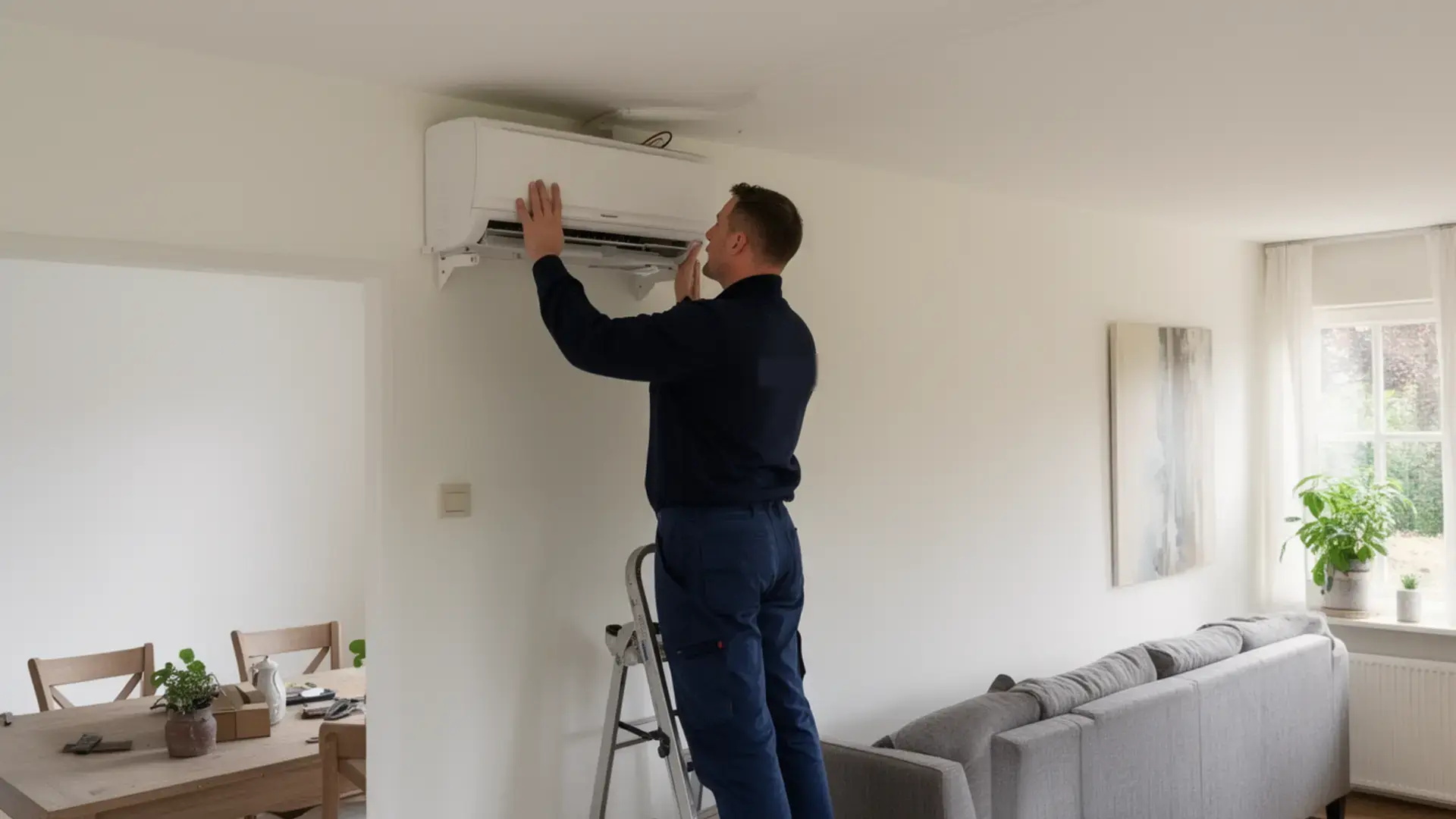 Installateur plaatst de buitenunit van een split-airco aan een Nederlandse woning