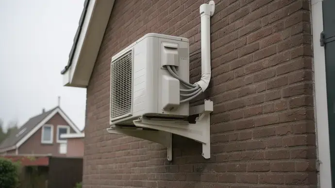 Buitenunit van een split-airco op een muurbeugel, met de koudemiddelleidingen in een witte afdekgoot